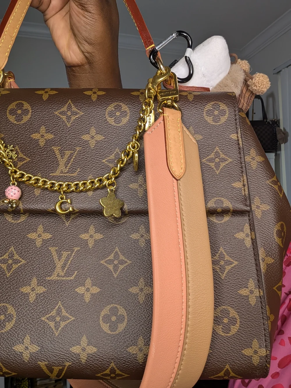 Louis Vuitton Clunny Brown Monogram Canvas Satchel with Pink-Tan Strap